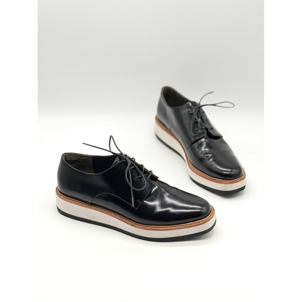 VINCE Reed Platform Oxfords Women 7 Black Glossy Leather Lace Up Lug Sole Shoe
